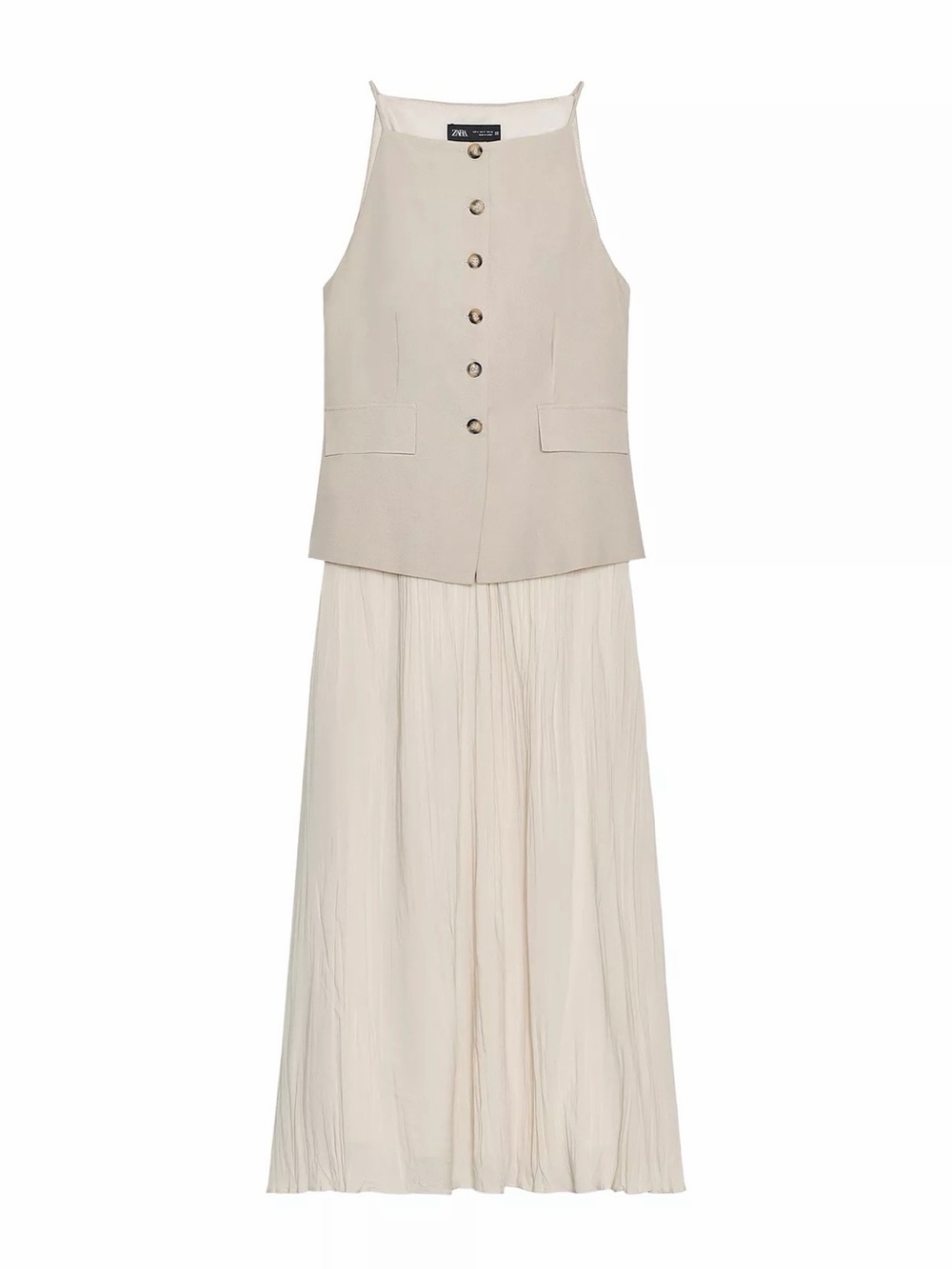 Zara Neutral Cream Halter Button Vest with Pleated Maxi Skirt Dress